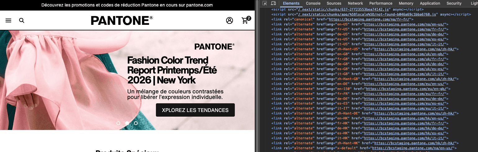 Hreflang alternate tags in DevTools showing all 28 region-locale combinations