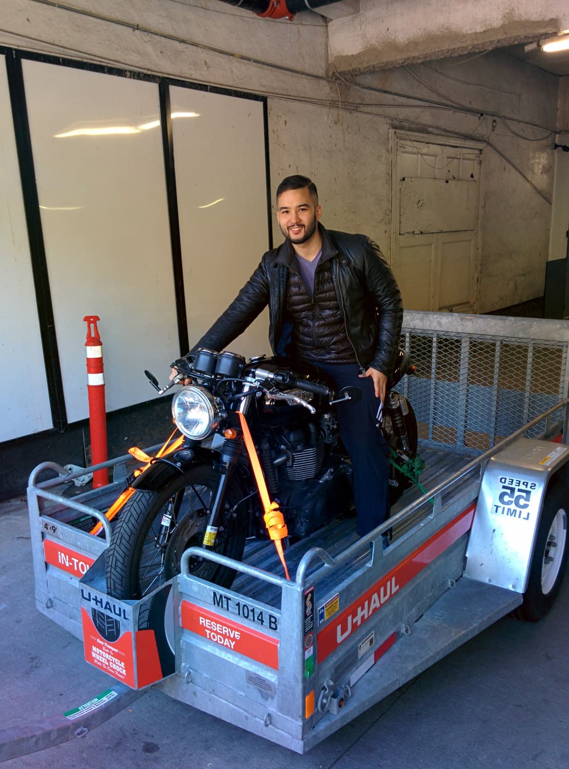Brian takes off with Rudy's Triumph Bonneville.