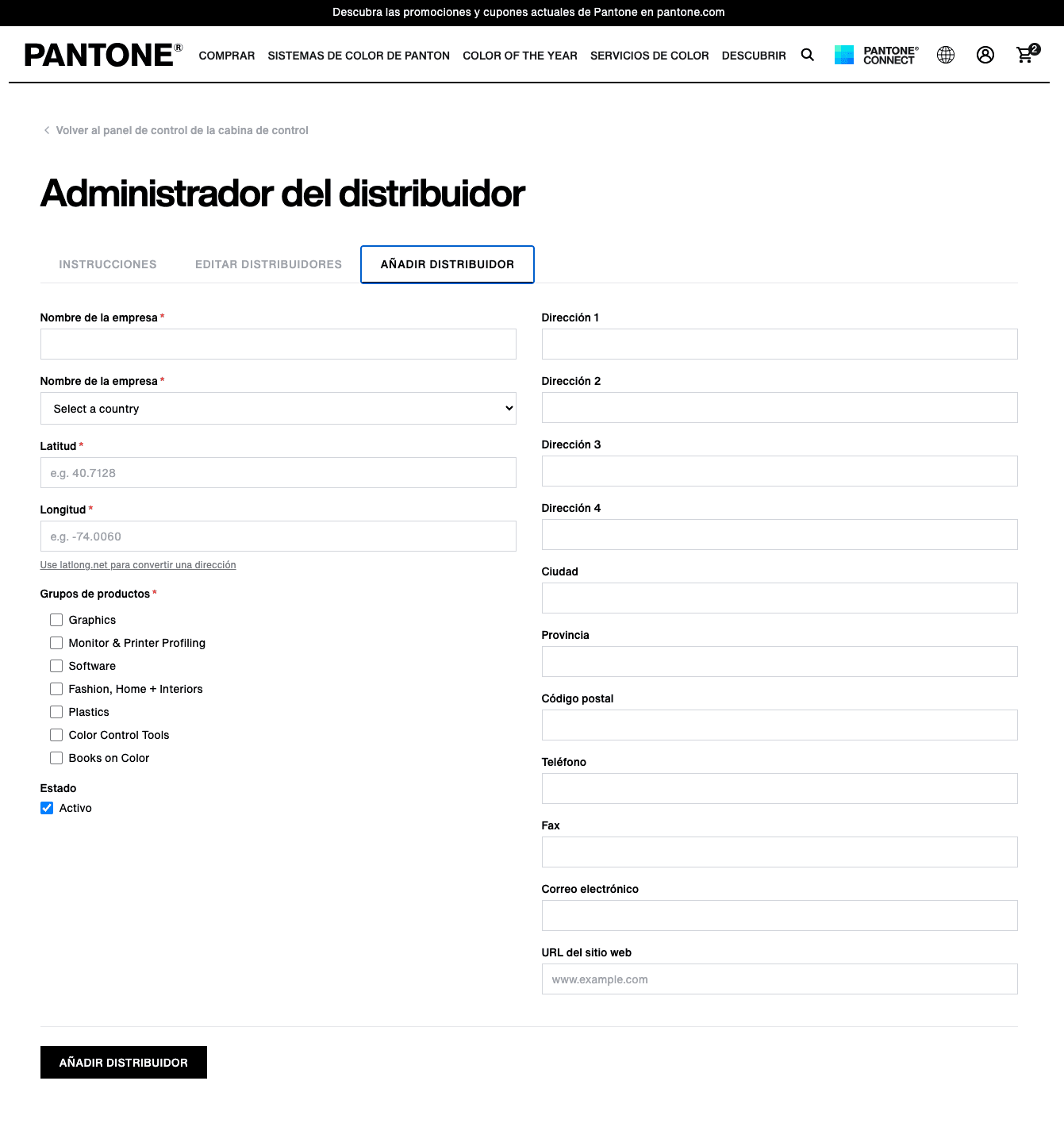 Dealer Locator admin editor in Spanish — add dealer form with 15+ fields, product group checkboxes, and address fields