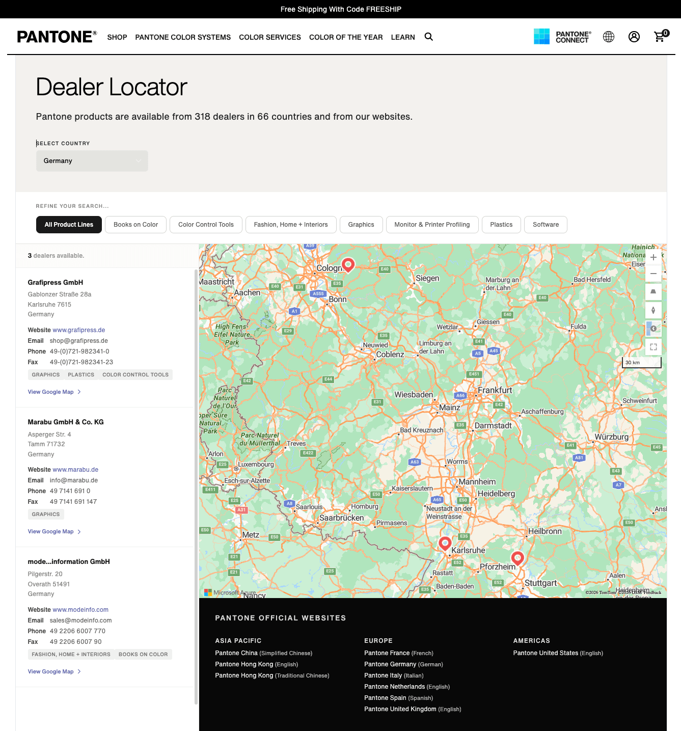 Pantone dealer locator map interface